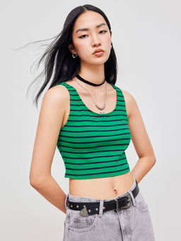 Cider - Cotton-Blend Scoop Neckline Striped Crop Tank Top
