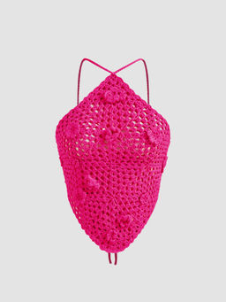 Cider - Knit Halter Floral Knotted Backless Crochet Crop Cami Top