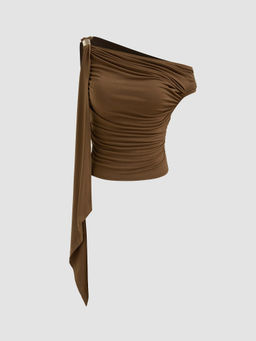 Cider - Asymmetrical Neck Solid Ruched Ruffle Hem Crop Top