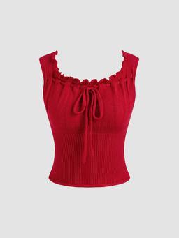 Cider - Knit Solid Lettuce Trim Knotted Crop Top