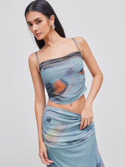 Cider - Mesh Square Neck Abstract Ruched Crop Cami Top