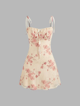 Cider - Mesh Square Neck Floral Texture Knotted Mini Dress ()