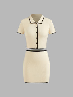 Cider - Knitted Polo Contrasting Binding Short Sleeve Top with Binding Mini Skirt (Set of 2)