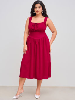 Cider - Linen-Blend Square Neck Knotted Corset Pocket Ruffle Maxi Dress Curve & Plus