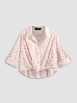 Cider - Cotton-Blend Collar Striped Knotted Roll-Up Long Sleeve Shirt Curve & Plus
