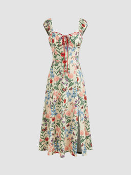Cider - Sweetheart Neckline Butterfly & Floral Knotted Split Midi Dress
