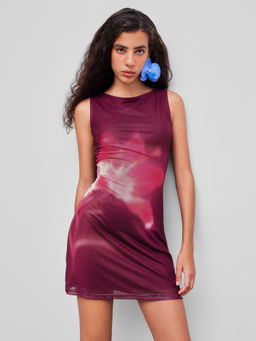 Cider - Mesh Boat Neck Floral Mini Dress