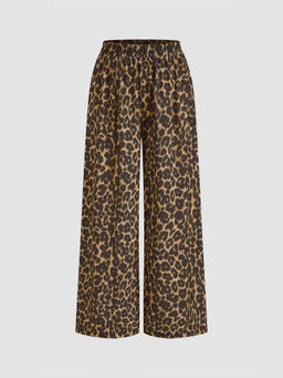Cider - Mid Rise Elastic Waist Leopard Wide Leg Trousers
