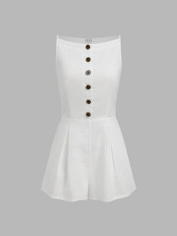 Cider - Linen Cotton Boat Neckline Solid Button Romper