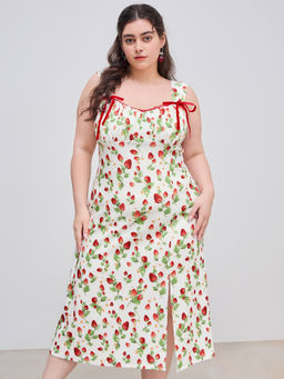 Cider - Square Neck Strawberry Graphic Knotted Split Midi Dress Curve & Plus