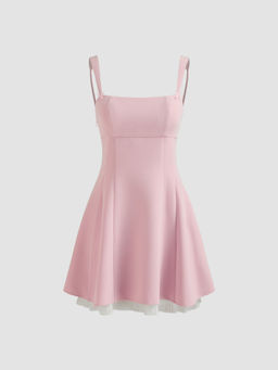 Cider - Square Neck Solid Bowknot Zipper Mini Dress