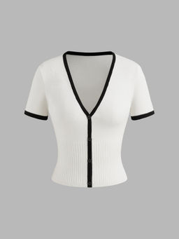 Cider - Knit V-Neck Contrasting Binding Button Crop Short Sleeve Top