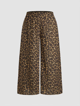 Cider - Woven Mid Rise Elastic Waist Leopard Pocket Wide Leg Trousers Curve & Plus