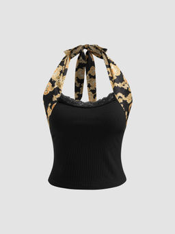 Cider - Halter Neckline Aztec Lace Trim Knotted Top