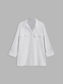 Cider - Linen-Blend Collar Solid Button Pocket Oversized Shirt