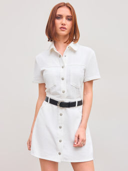 Cider - Cotton Collar Solid Button Pocket Mini Dress