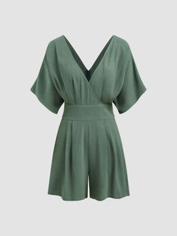 Cider - Linen-Blend V-Neck Solid Pocket Zipper Romper