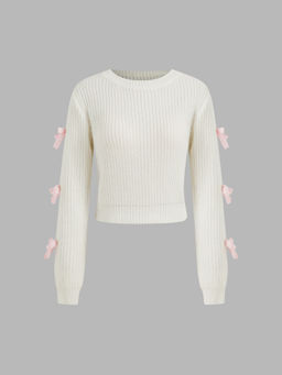 Cider - Knit Round Neckline Solid Bowknot Crop Sweater