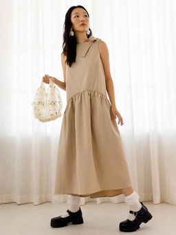 Cider - Boat Neck Solid Knotted Ruffle Maxi Dress