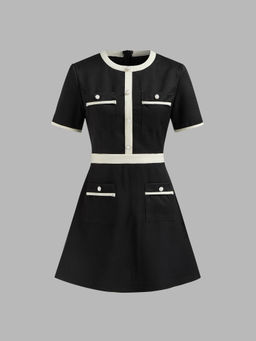 Cider - Tweed Round Neckline Contrasting Binding Pearl Button Mini Dress