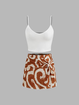 Cider - Round Neckline Solid Crop Cami Top with Mid Rise Abstract Knotted Mini Skort (Set of 2)