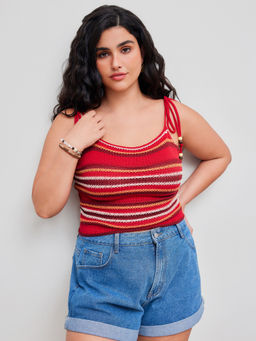 Cider - Knitted Square Neck Striped Beaded Knotted Crop Cami Top Curve & Plus