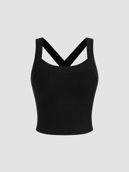 Cider - Knit Scoop Neckline Solid Rib Criss Cross Crop Tank Top