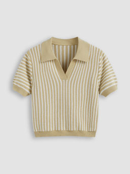 Cider - Knit Polo Striped Short Sleeve Top