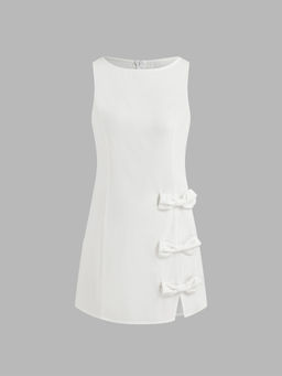 Cider - Boat Neckline Solid Bowknot Mini Dress