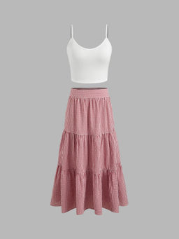 Cider - Round Neckline Solid Crop Cami Top with Mid Rise Gingham Tiered Maxi Skirt (Set of 2)