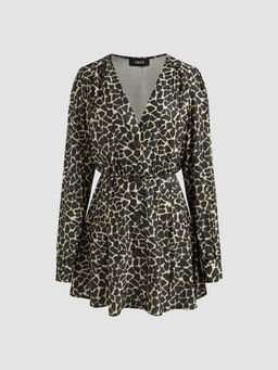 Cider - V-Neck Leopard Button Long Sleeve Mini Dress
