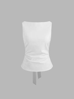 Cider - Linen-Blend Boat Neckline Solid Bowknot Tank Top