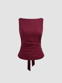 Cider - Linen-Blend Boat Neckline Solid Bowknot Tank Top ()