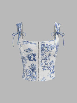 Cider - Toile De Jouy Square Neck Bowknot Crop Tank Top
