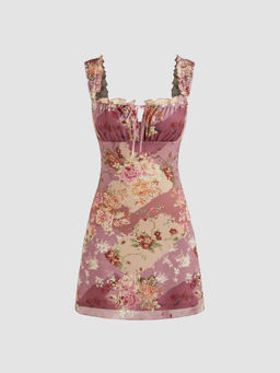 Cider - Mesh Square Neck Floral Knotted Mini Dress