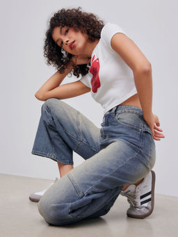 Cider - Denim Mid Rise Solid Washed Wide Leg Jeans