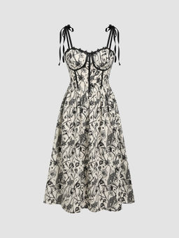 Cider - V-Neck Floral Corset Knotted Midi Dress