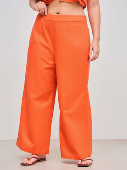 Cider - Linen Cotton Mid Rise Solid Pocket Wide Leg Trousers Curve & Plus