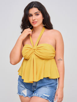 Cider - Halter Neckline Solid Shirred Ruffle Knotted Top Curve & Plus