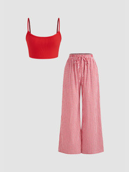 Cider - U-Neckline Solid Crop Cami Top & Mid Rise Gingham Pocket Wide Leg Trousers (Set of 2)