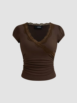 Cider - V-Neck Solid Lace Trim Ruched Short Sleeve Tee