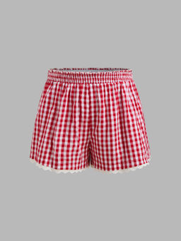 Cider - Cotton Mid Rise Elastic Waist Gingham Broderie Anglaise Trim Pocket Shorts Curve & Plus