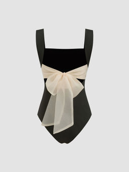 Cider - Square Neck Ruched Bowknot Bodysuit ()