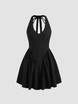 Cider - V-Neck Solid Knotted Ruffle Halter Mini Dress
