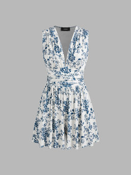 Cider - V-Neck Floral Ruched Mini Dress
