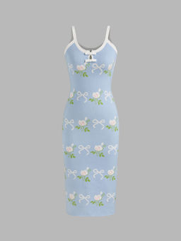 Cider - Knit Round Neckline Bowknot Floral Contrasting Binding Midi Dress