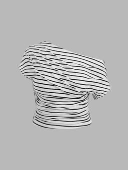 Cider - Cotton-Blend Asymmetrical Neck Striped Ruched Short Sleeve Top Curve & Plus