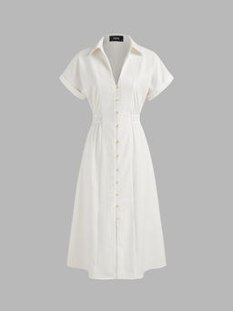Cider - Linen-Blend Collar Solid Shirred Button Midi Shirt Dress