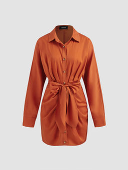 Cider - Collar Solid Button Knotted Mini Shirt Dress