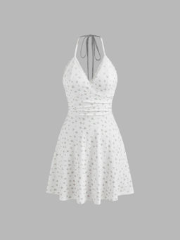 Cider - Halter Neckline Floral Lace Trim Ruched Mini Dress